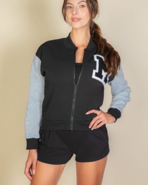 Letter Patched Striped Trim Varsity Jacket