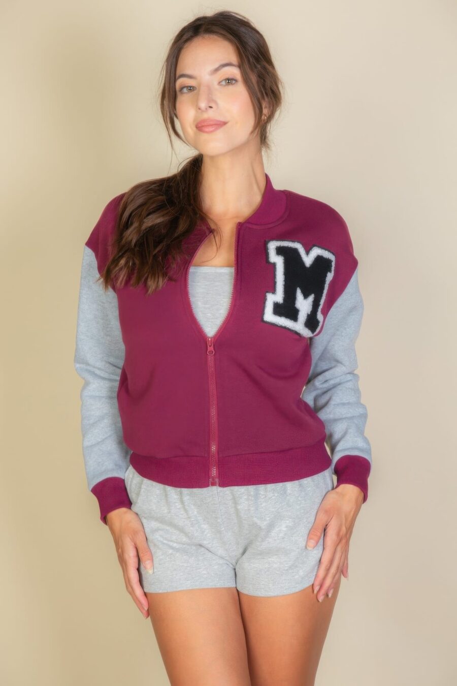 Letter patched striped trim varsity jacket