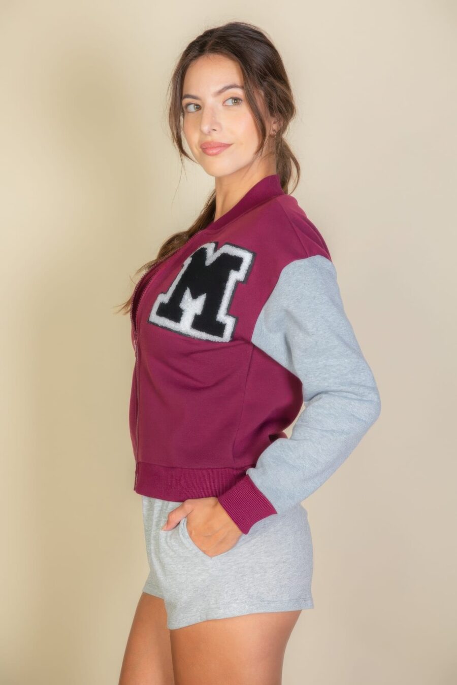 Letter patched striped trim varsity jacket