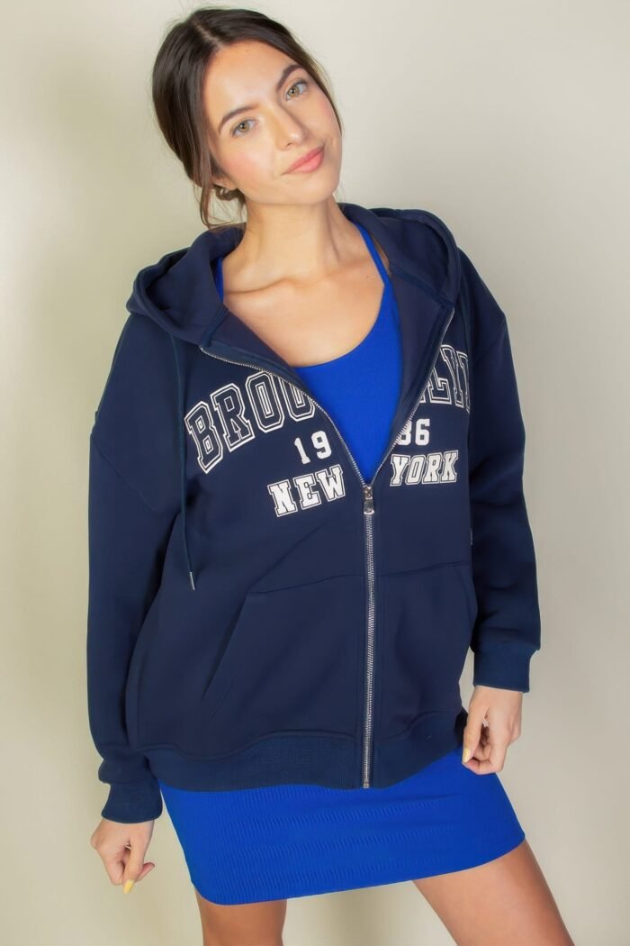 Graphic drop shoulder zipper up hoodie