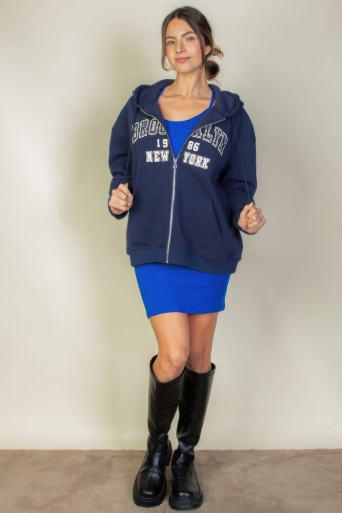 Graphic drop shoulder zipper up hoodie