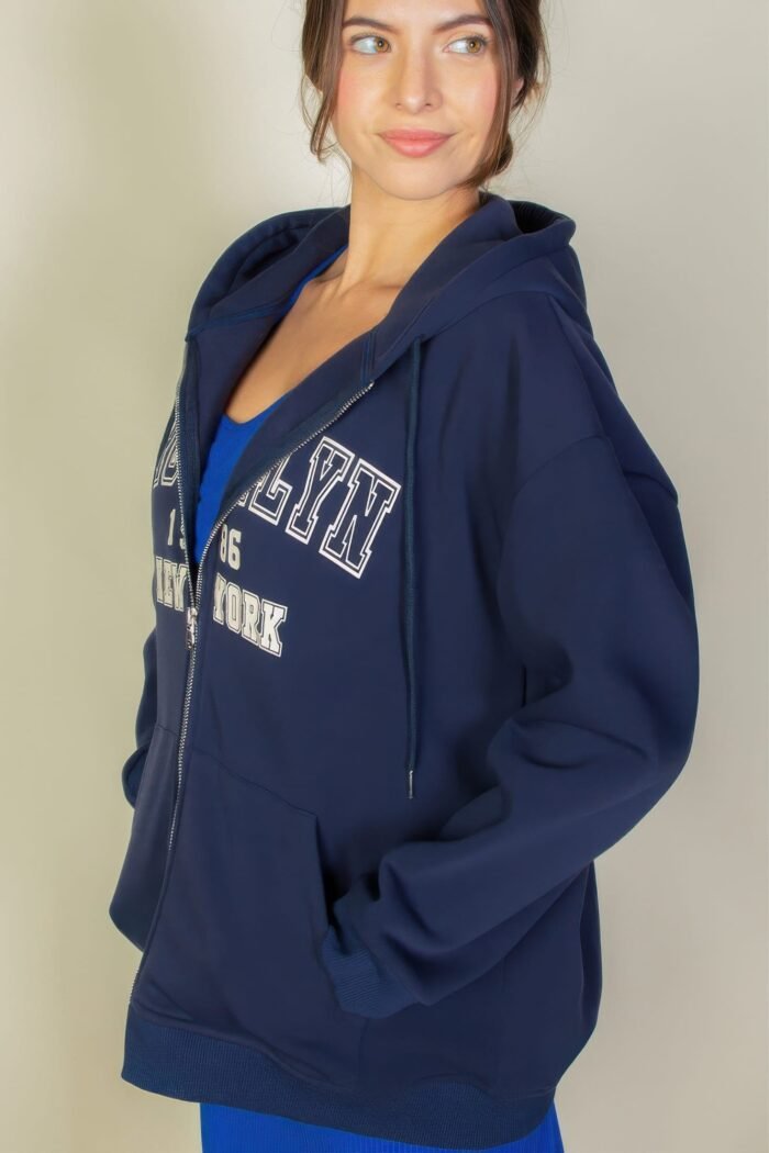 Graphic drop shoulder zipper up hoodie