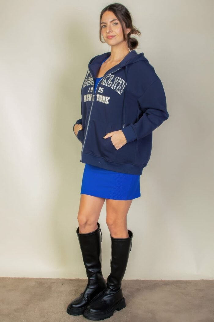 Graphic drop shoulder zipper up hoodie