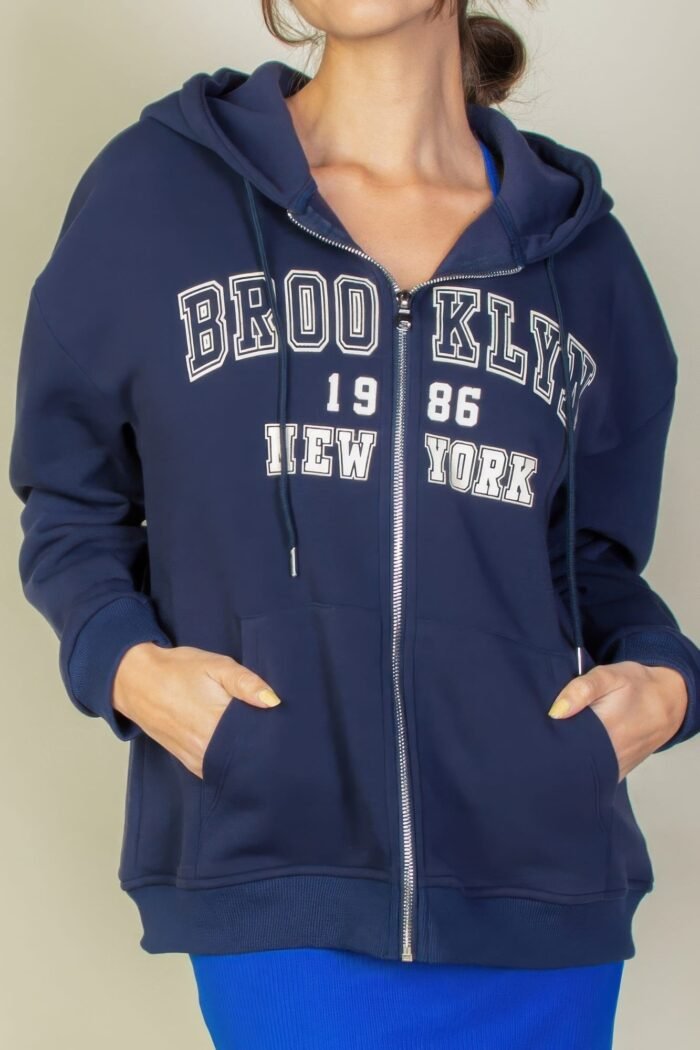 Graphic drop shoulder zipper up hoodie