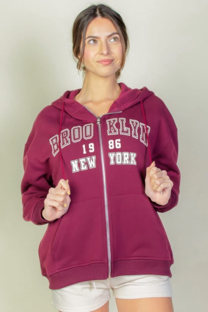 Graphic drop shoulder zipper up hoodie