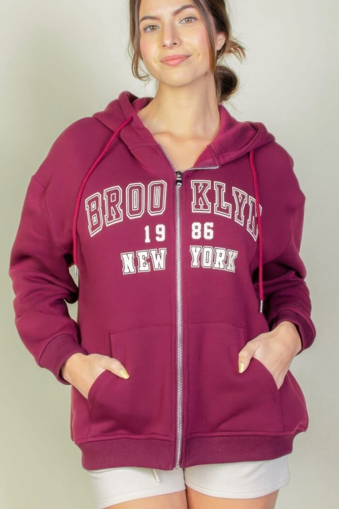 Graphic drop shoulder zipper up hoodie