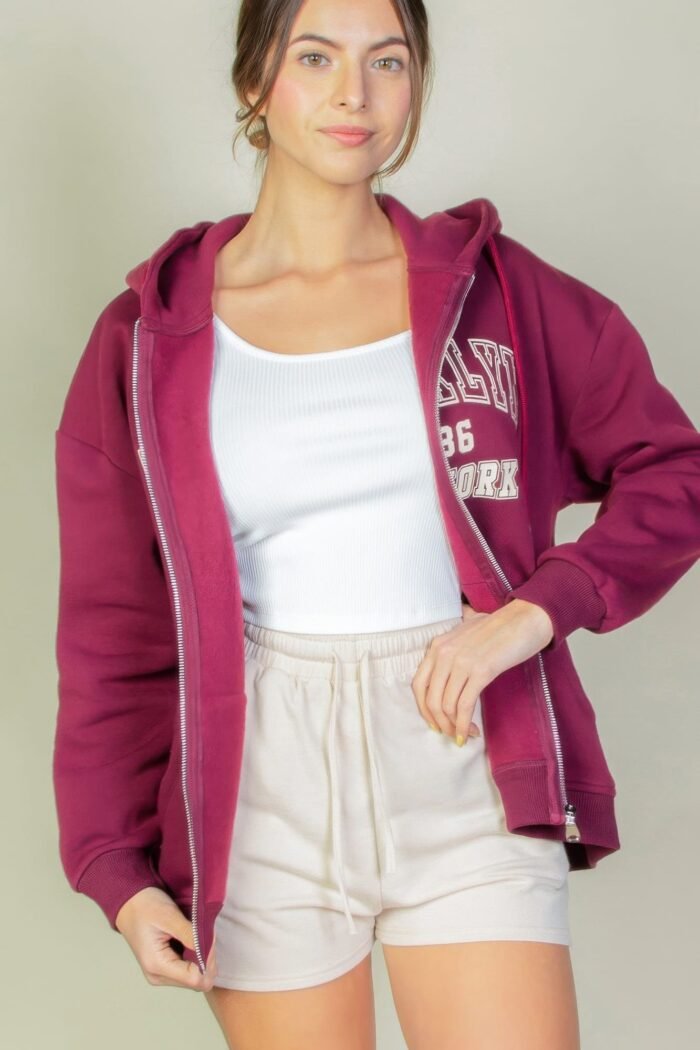 Graphic drop shoulder zipper up hoodie