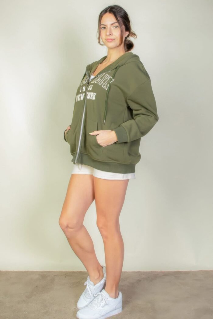 Graphic drop shoulder zipper up hoodie