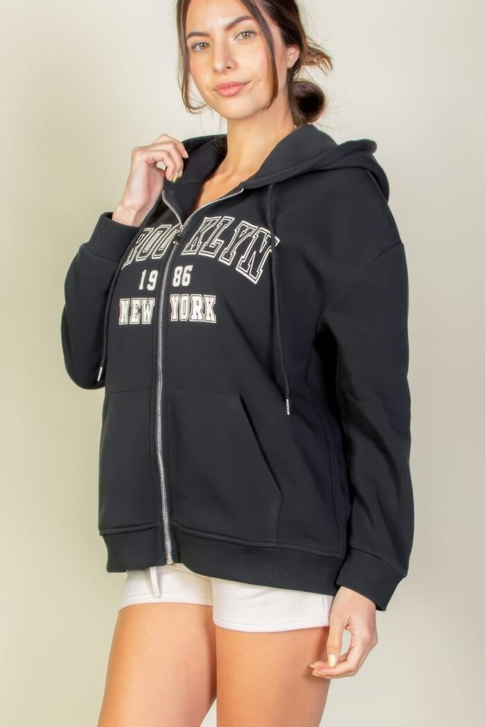 Graphic drop shoulder zipper up hoodie