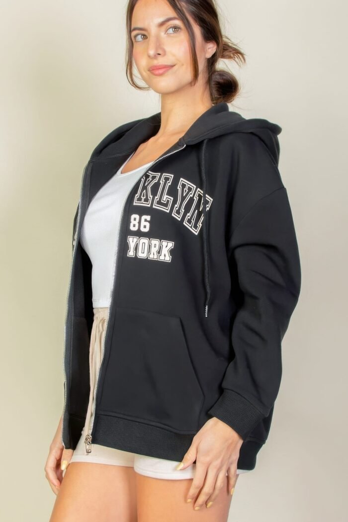 Graphic drop shoulder zipper up hoodie