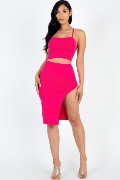 Sexy Solid Color Crisscross Back Cami Crop Top & Split Thigh Midi Skirt Set - Image 6