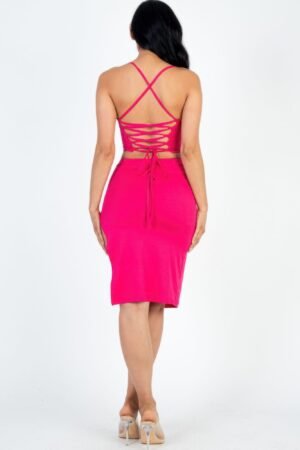 Sexy Solid Color Crisscross Back Cami Crop Top & Split Thigh Midi Skirt Set Sexy Solid Color Crisscross Back Cami Crop Top & Split Thigh Midi Skirt Set