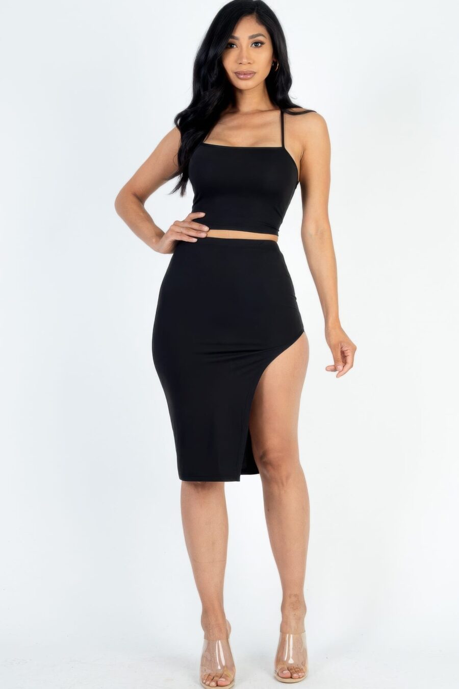 Sexy solid color crisscross back cami crop top & split thigh midi skirt set