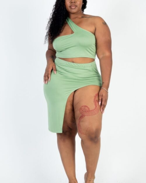 plus size sexy solid one shoulder crop top & split thigh midi skirt set