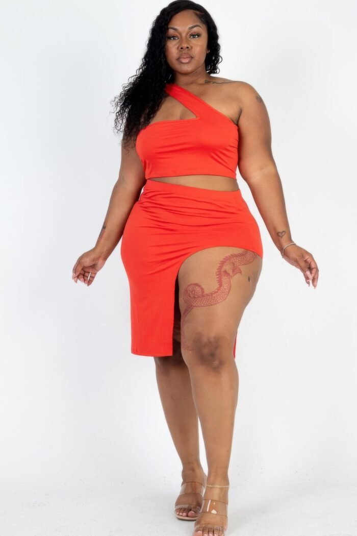 Plus size sexy solid one shoulder crop top & split thigh midi skirt set