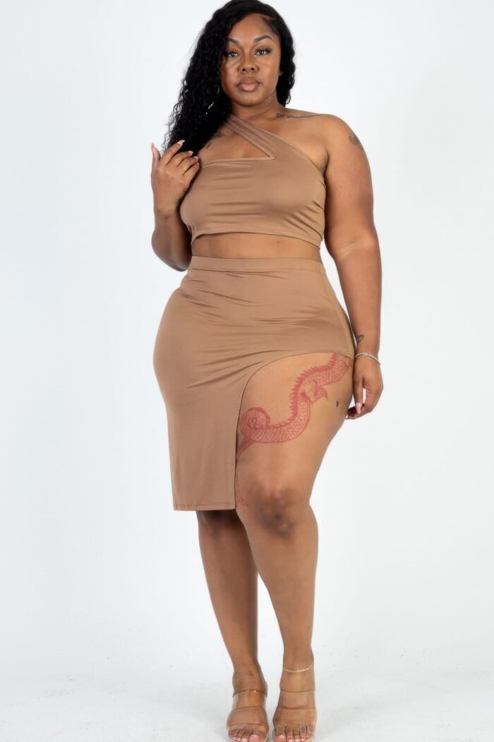 Plus size sexy solid one shoulder crop top & split thigh midi skirt set