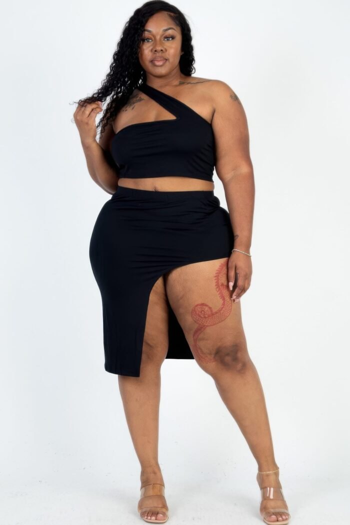 Plus size sexy solid one shoulder crop top & split thigh midi skirt set