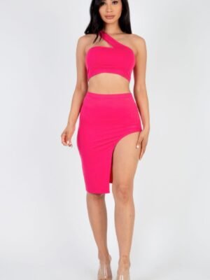 Sexy Solid One Shoulder Crop Top & Split Thigh Midi Skirt Set