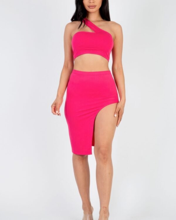 Sexy Solid One Shoulder Crop Top & Split Thigh Midi Skirt Set
