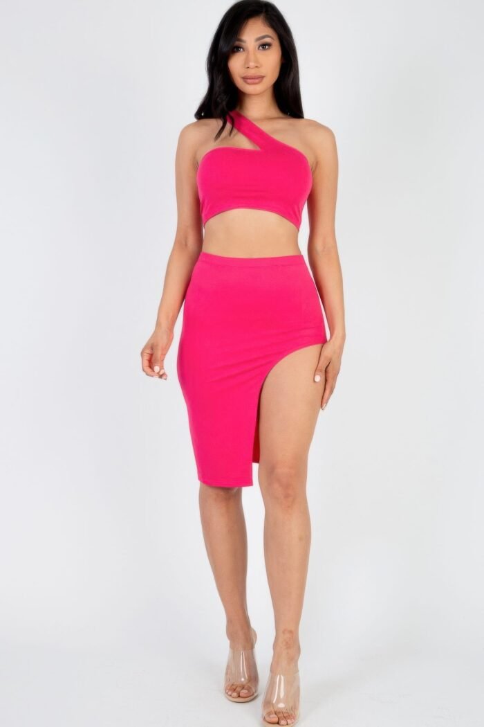 Sexy solid one shoulder crop top & split thigh midi skirt set