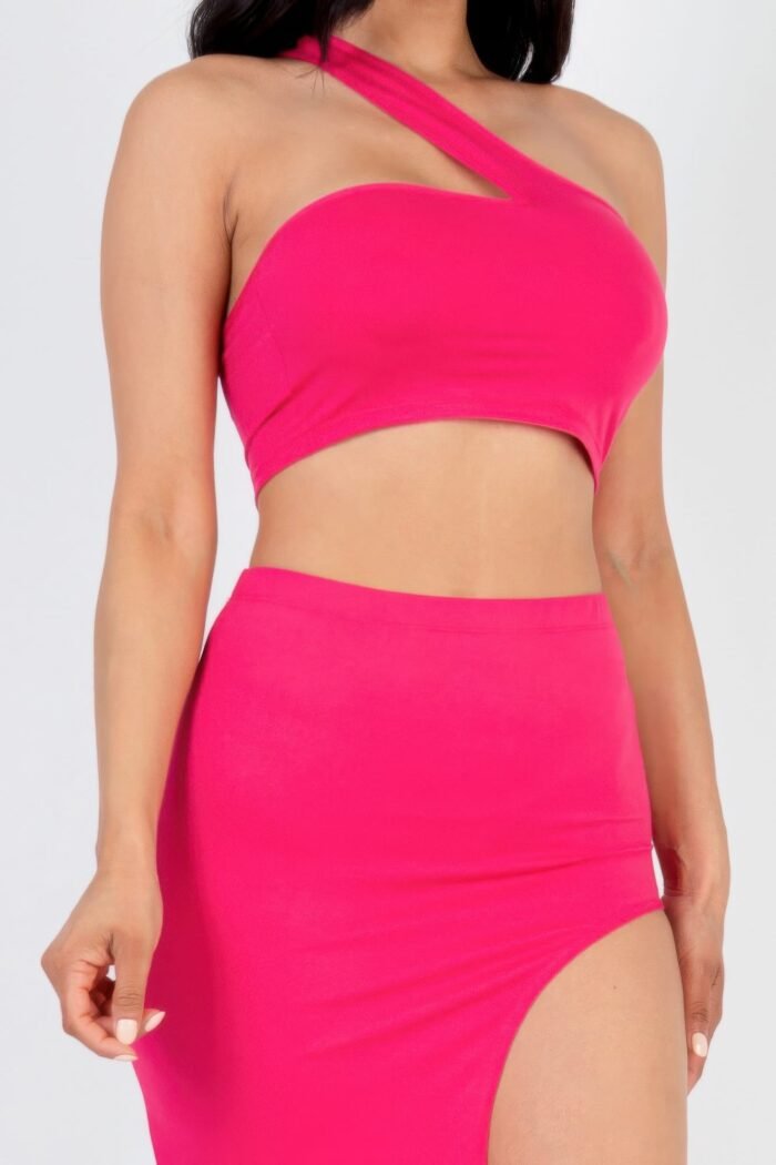 Sexy solid one shoulder crop top & split thigh midi skirt set