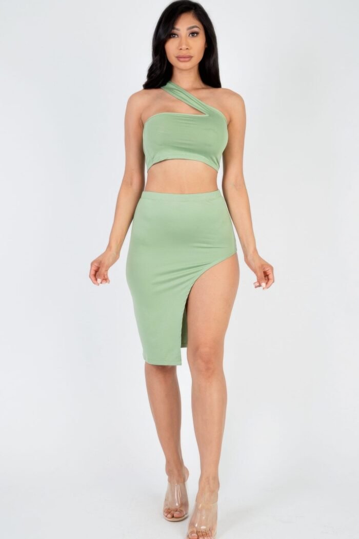 Sexy solid one shoulder crop top & split thigh midi skirt set