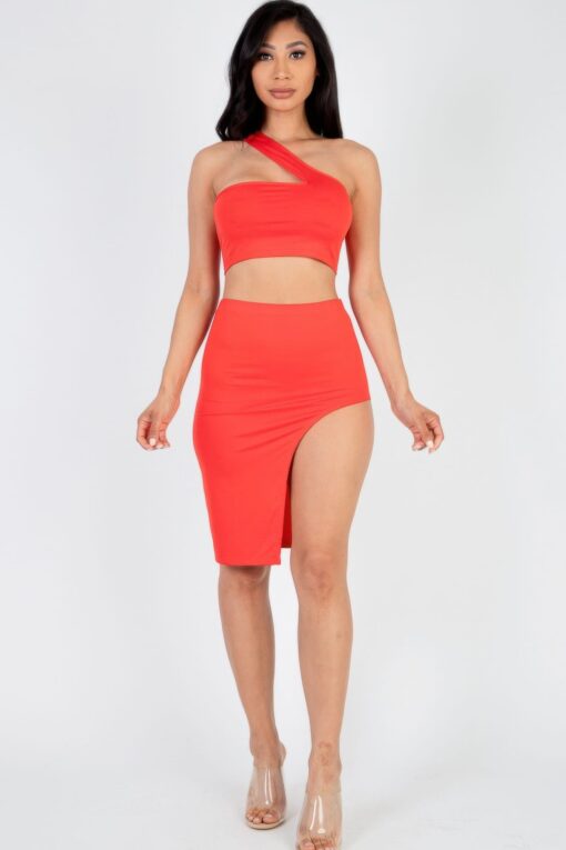 Sexy Solid One Shoulder Crop Top & Split Thigh Midi Skirt Set - Image 9