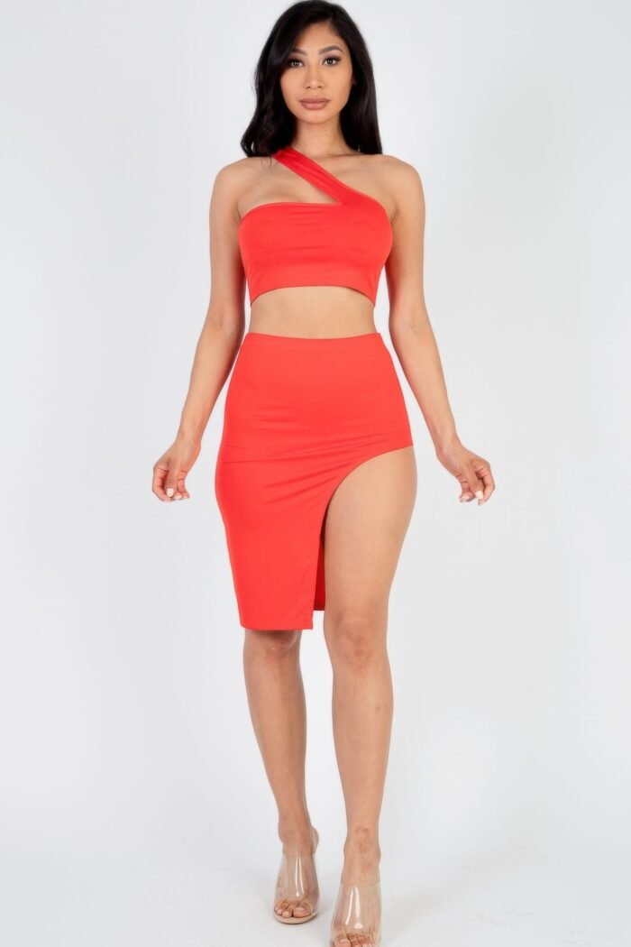 Sexy solid one shoulder crop top & split thigh midi skirt set
