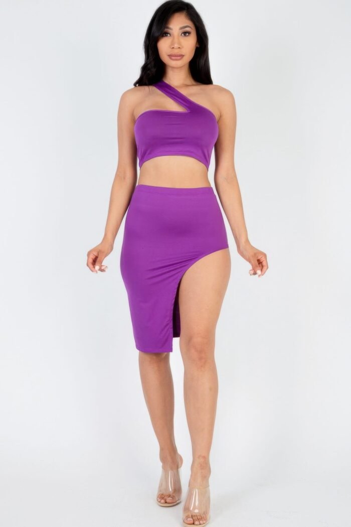 Sexy solid one shoulder crop top & split thigh midi skirt set