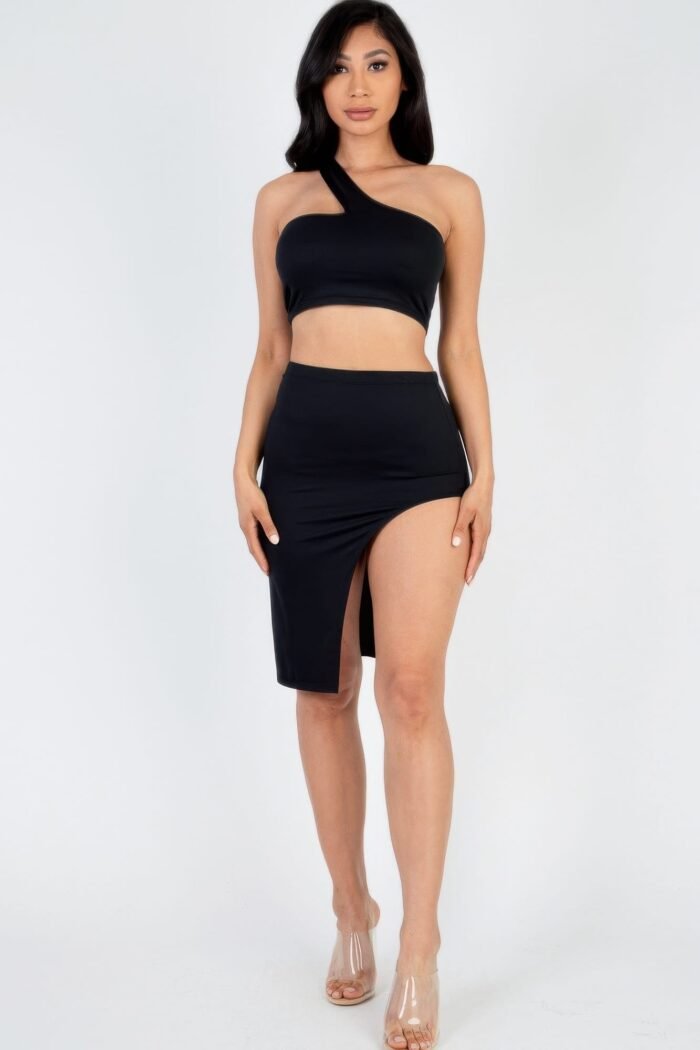 Sexy solid one shoulder crop top & split thigh midi skirt set