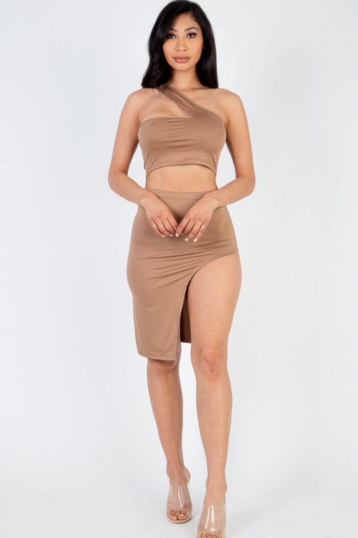 Sexy solid one shoulder crop top & split thigh midi skirt set