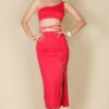 Sexy Solid Color One Shoulder Crop Top & Drawstring Ruched Crisscross Tie Ba...