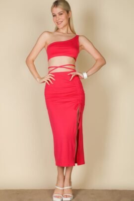 Sexy Solid Color One Shoulder Crop Top & Drawstring Ruched Crisscross Tie Ba…