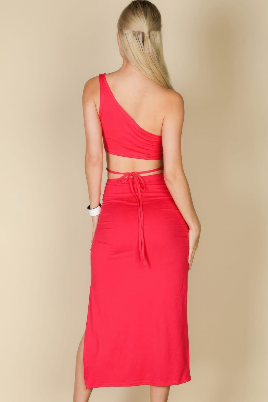 Sexy solid color one shoulder crop top & drawstring ruched crisscross tie ba...