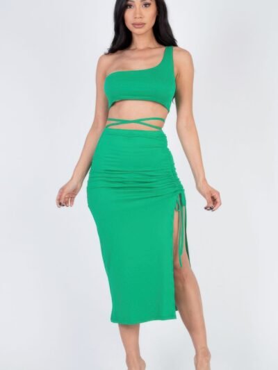 Sexy Solid Color One Shoulder Crop Top & Drawstring Ruched Crisscross Tie Ba... Sexy Solid Color One Shoulder Crop Top & Drawstring Ruched Crisscross Tie Ba…