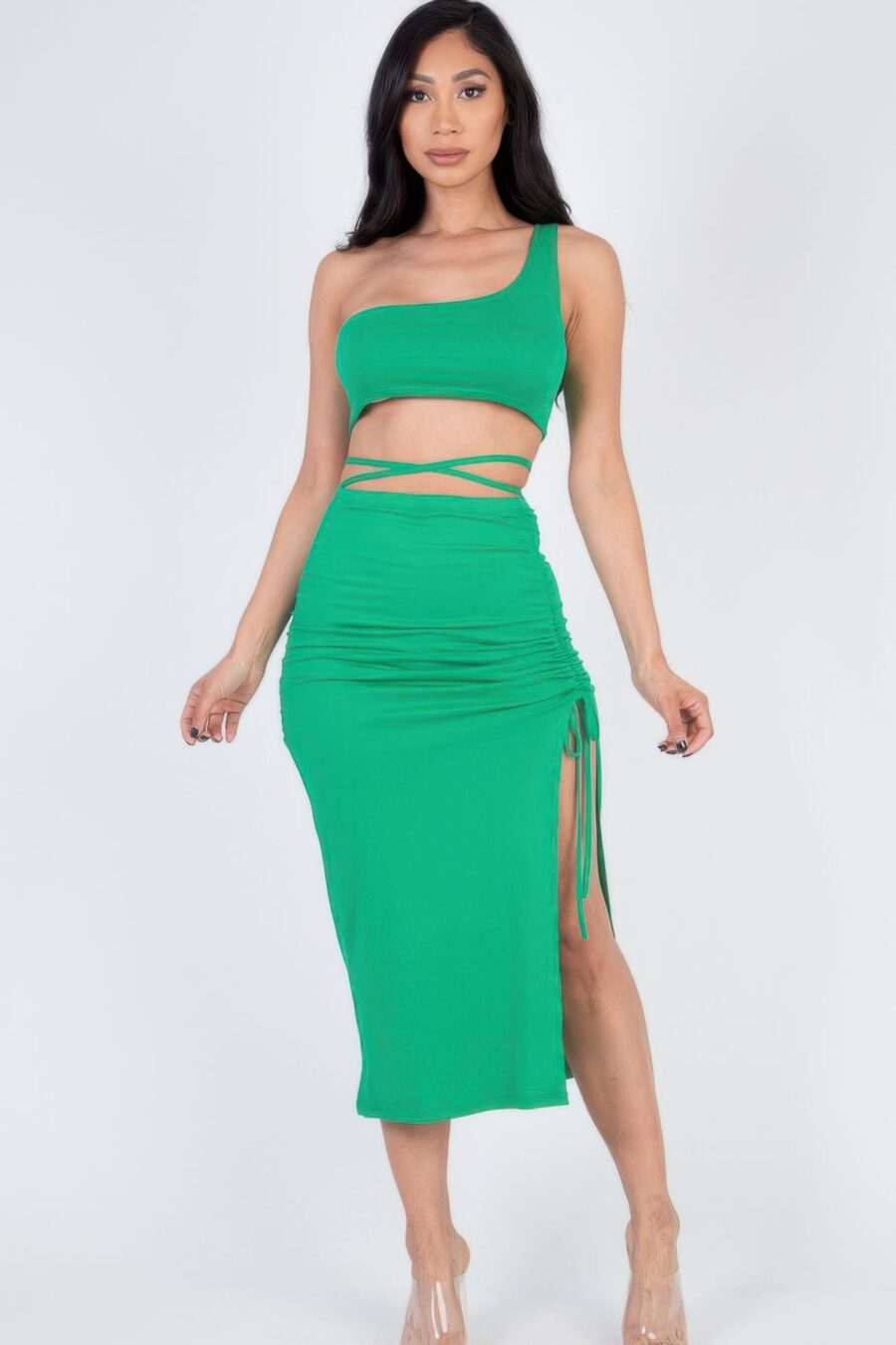 Sexy solid color one shoulder crop top & drawstring ruched crisscross tie ba...