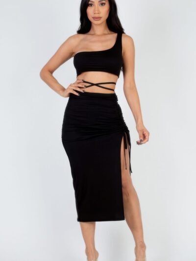 Sexy Solid Color One Shoulder Crop Top & Drawstring Ruched Crisscross Tie Ba... Sexy Solid Color One Shoulder Crop Top & Drawstring Ruched Crisscross Tie Ba…