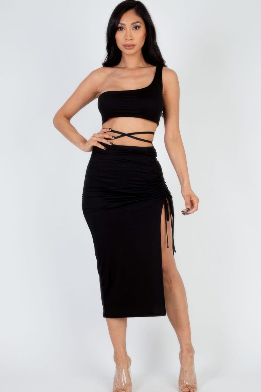 Sexy solid color one shoulder crop top & drawstring ruched crisscross tie ba...