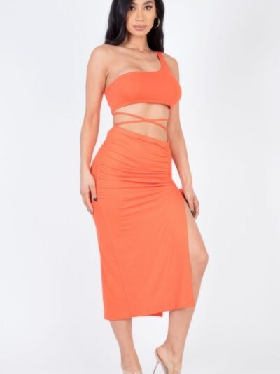 Sexy Solid Color One Shoulder Crop Top & Drawstring Ruched Crisscross Tie Ba... Sexy Solid Color One Shoulder Crop Top & Drawstring Ruched Crisscross Tie Ba…