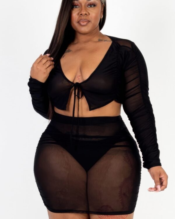 Plus Size Sheer Mesh Tie Front Crop Top & Ruched Side Mini Dress