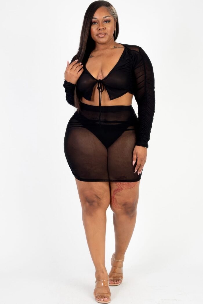 Plus size sheer mesh tie front crop top & ruched side mini dress