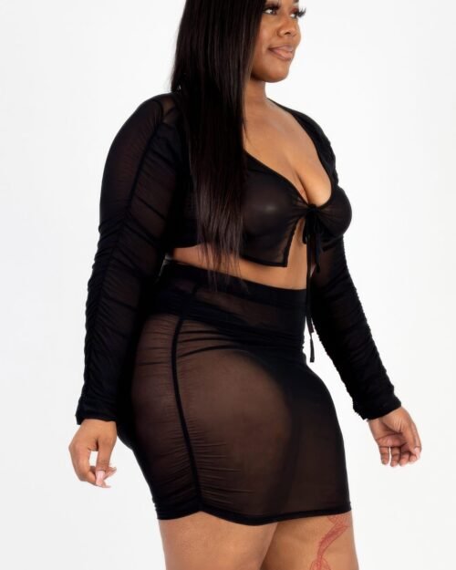 plus size sheer mesh tie front crop top & ruched side mini dress