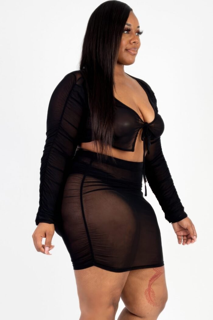 Plus size sheer mesh tie front crop top & ruched side mini dress