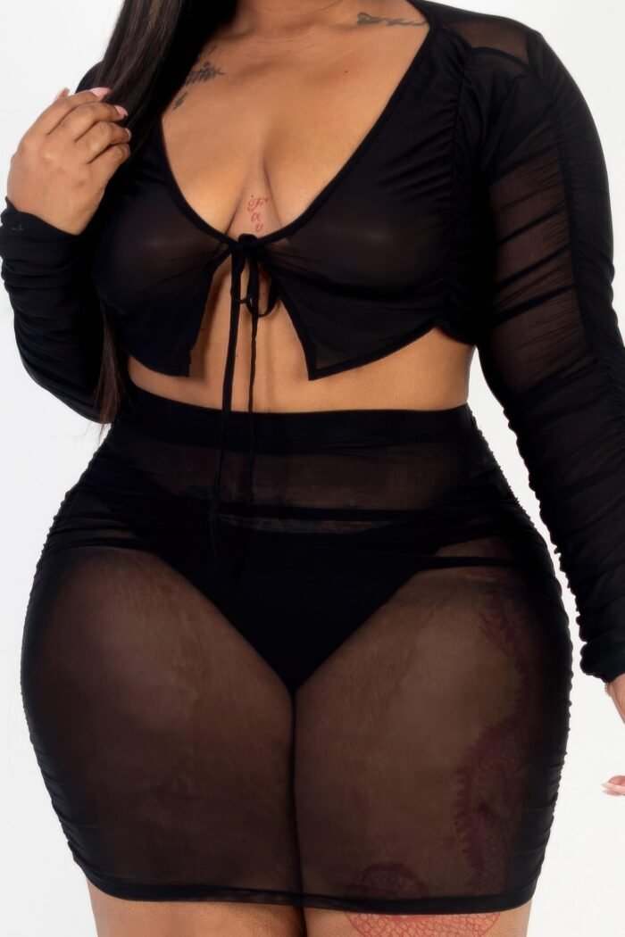 Plus size sheer mesh tie front crop top & ruched side mini dress