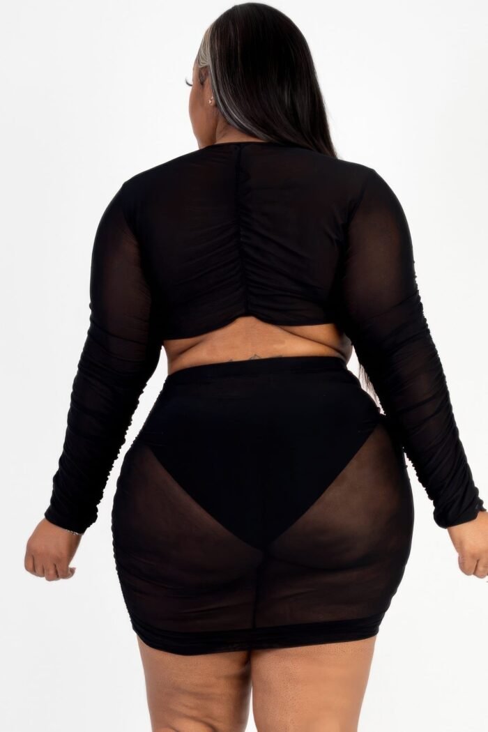 Plus size sheer mesh tie front crop top & ruched side mini dress