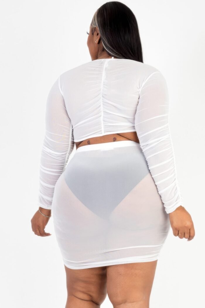 Plus size sheer mesh tie front crop top & ruched side mini dress