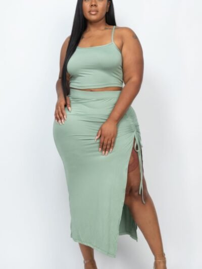 Plus Size Cami Crop Top & Ruched Side Split Hem Midi Skirt Set Plus Size Cami Crop Top & Ruched Side Split Hem Midi Skirt Set