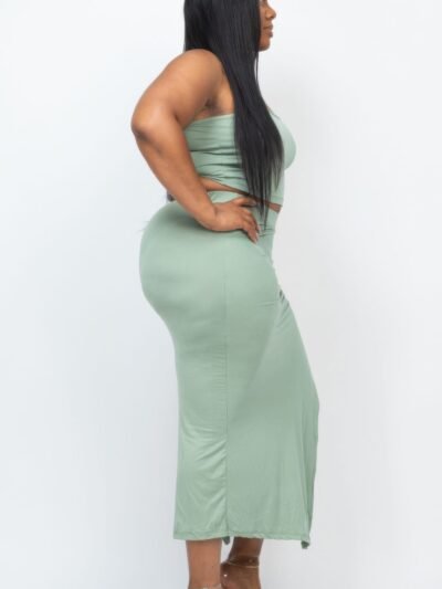 Plus Size Cami Crop Top & Ruched Side Split Hem Midi Skirt Set Plus Size Cami Crop Top & Ruched Side Split Hem Midi Skirt Set