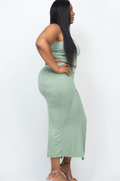 Plus Size Cami Crop Top & Ruched Side Split Hem Midi Skirt Set - Image 3