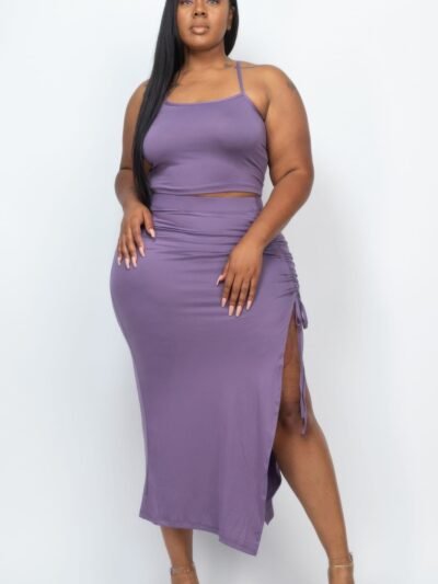 Plus Size Cami Crop Top & Ruched Side Split Hem Midi Skirt Set Plus Size Cami Crop Top & Ruched Side Split Hem Midi Skirt Set